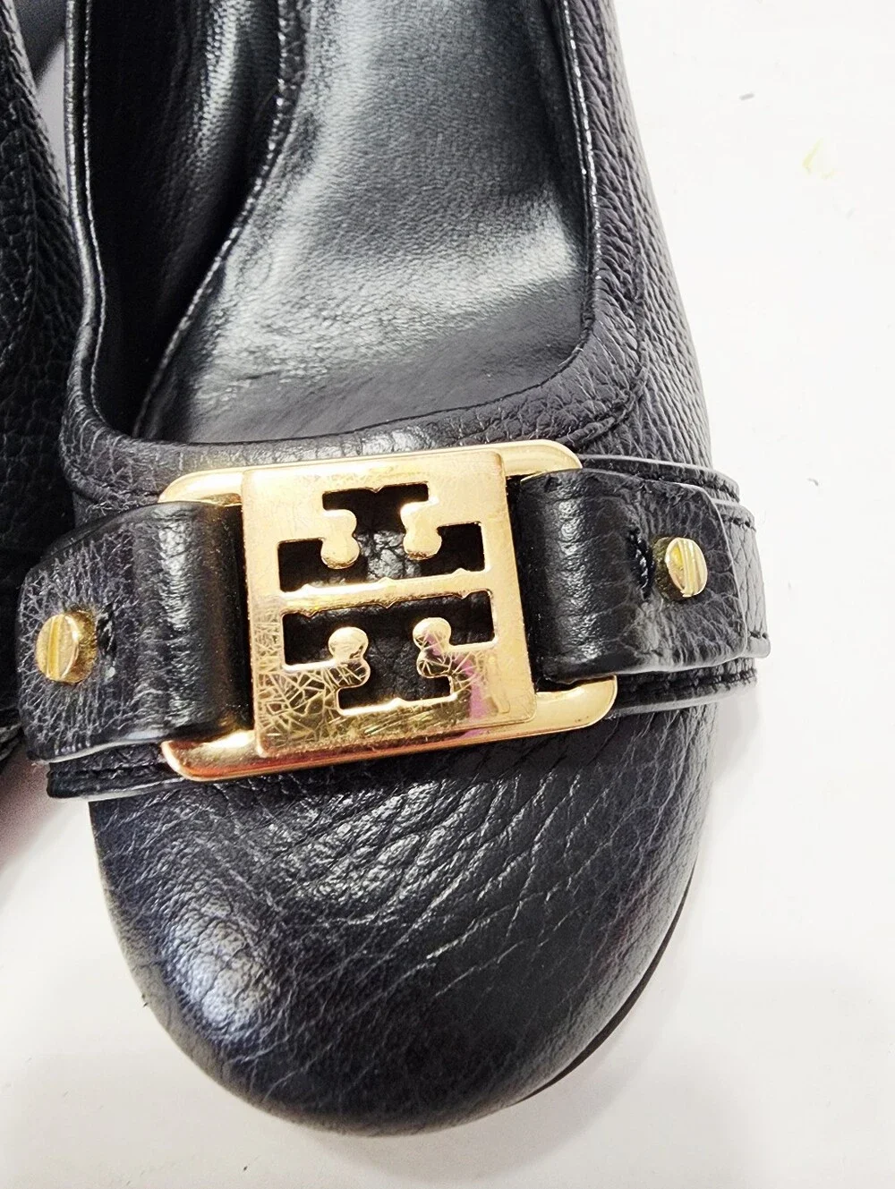 Tory Burch Black Leather Logo-Embellished Wedges Size 7.5